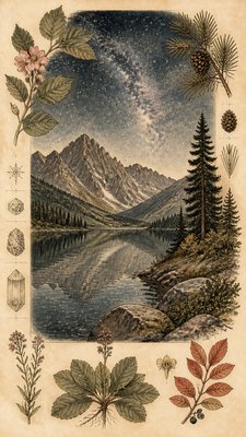 a tranquil mountain lake beneath a starry night sky, no people, no text