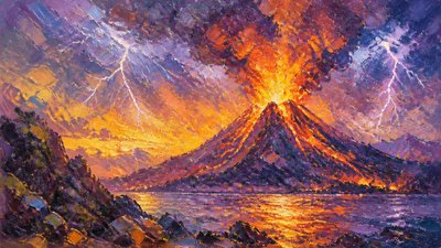 an erupting volcano with lightning strikes, dramatic wide composition, no text