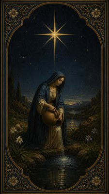 a robed figure pouring water beneath a large eight-pointed star in a night sky, symmetrical composition with an ornate decorative border, no text