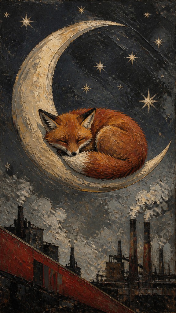 a sleeping baby fox curled on a crescent moon among soft stars, gentle and warm, no text