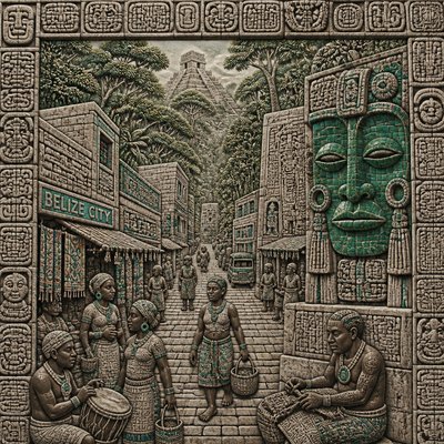 urban street with city activity — Belizean Art Style