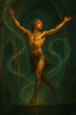 a painting of a man with his arms outstretched