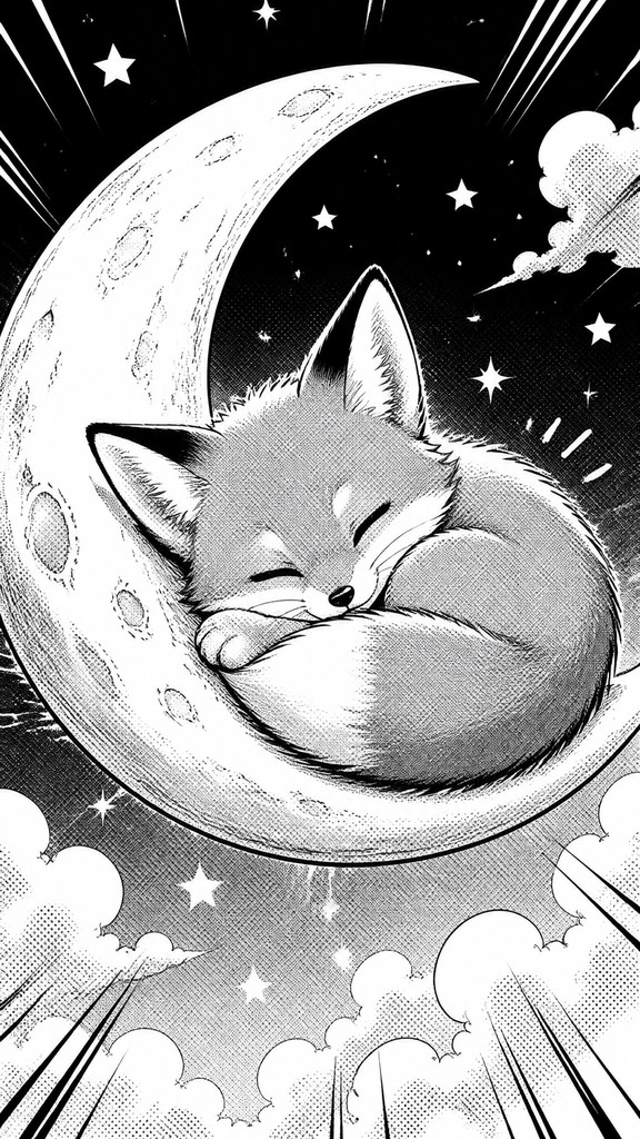 a sleeping baby fox curled on a crescent moon among soft stars, gentle and warm, no text