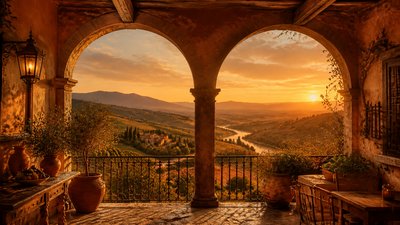 a vast valley with a river winding toward distant mountains at sunrise, no people, no text