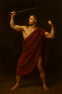 a painting of a man with a sword