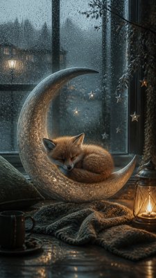 a sleeping baby fox curled on a crescent moon among soft stars, gentle and warm, no text
