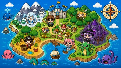 a map of an island realm with mountains, forests, a sheltered bay, sea monsters in the water and a compass rose, no text labels