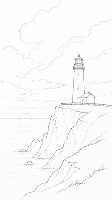 a lone lighthouse on a cliff at dusk under a dramatic sky, no text or lettering