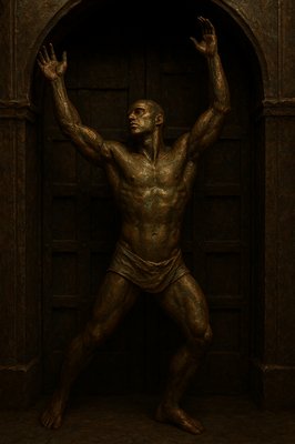 a bronze statue of a man standing in a doorway