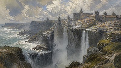 a cliffside city with waterfalls cascading into a misty canyon, wide establishing shot, no people, no text