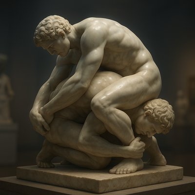 a statue of two men wrestling each other
