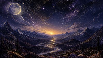 a vast valley with a river winding toward distant mountains at sunrise, no people, no text