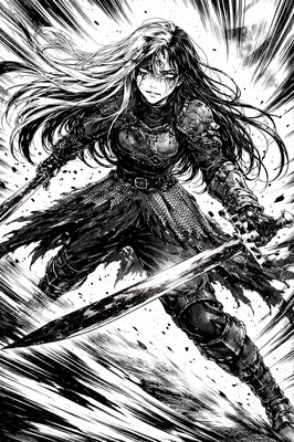 a drawing of a woman holding a sword