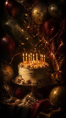 a birthday cake with lit candles surrounded by balloons and confetti, festive vertical composition, no text