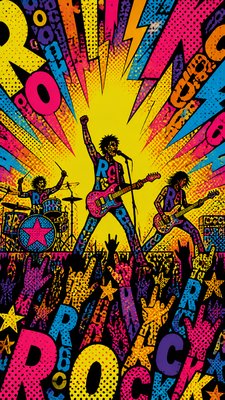 a live music scene with a glowing stage and silhouetted crowd, energetic vertical composition with open space at the top, no text