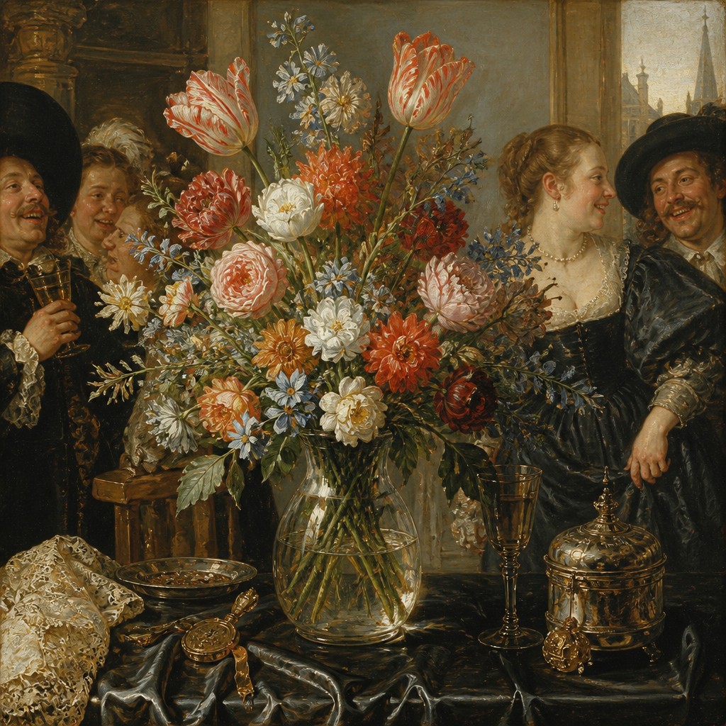 bouquet of flowers in a glass vase — Haarlem Golden Age Art Style
