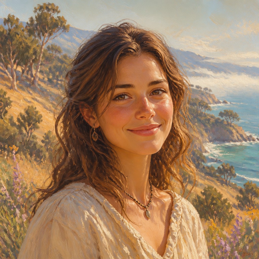 head-and-shoulders portrait of an original character: a young woman with wavy chestnut hair and a warm smile, plain soft backdrop