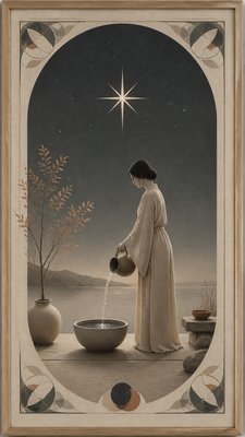 a robed figure pouring water beneath a large eight-pointed star in a night sky, symmetrical composition with an ornate decorative border, no text