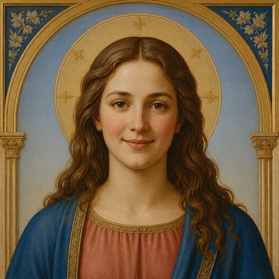 head-and-shoulders portrait of an original character: a young woman with wavy chestnut hair and a warm smile, plain soft backdrop