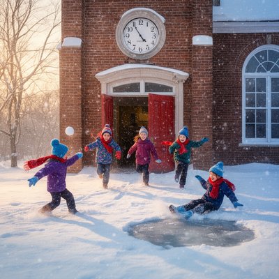 Snow Day Freedom

    A group of four happy children (diverse ages and genders) running excitedly out of the tall, red brick doors of a classic, old-fashioned schoolhouse. The school's clock face shows the final bell time. The atmosphere is pure, exultant freedom and joy.

    Scene Details: Heavy, fluffy snow is falling and has covered the ground in a pristine white blanket. The children are dressed in colorful, bundled winter clothing (red scarves, blue hats). In the foreground, one child is already throwing a perfect snowball, and another is sliding on a patch of ice. The setting sun casts a warm, golden glow on the snow, creating long, blue shadows and sharp contrast, emphasizing the magical quality of the winter afternoon.