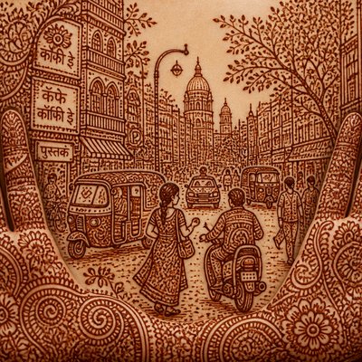 urban street with city activity — Henna Art Style