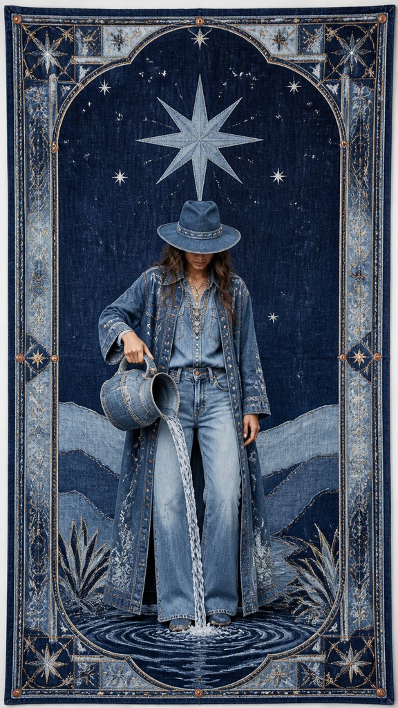 a robed figure pouring water beneath a large eight-pointed star in a night sky, symmetrical composition with an ornate decorative border, no text
