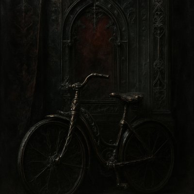 bicyle resting against a wall