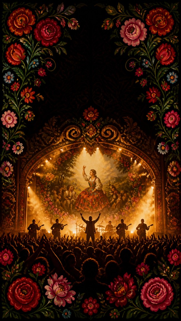 a live music scene with a glowing stage and silhouetted crowd, energetic vertical composition with open space at the top, no text