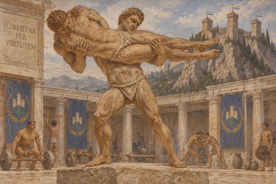 a painting of a statue of a man holding a man's arm
