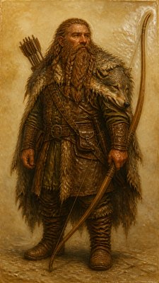 full-body original character: a dwarven ranger with a braided auburn beard, worn leather armor, a longbow and a wolf-pelt cloak, neutral background, no text
