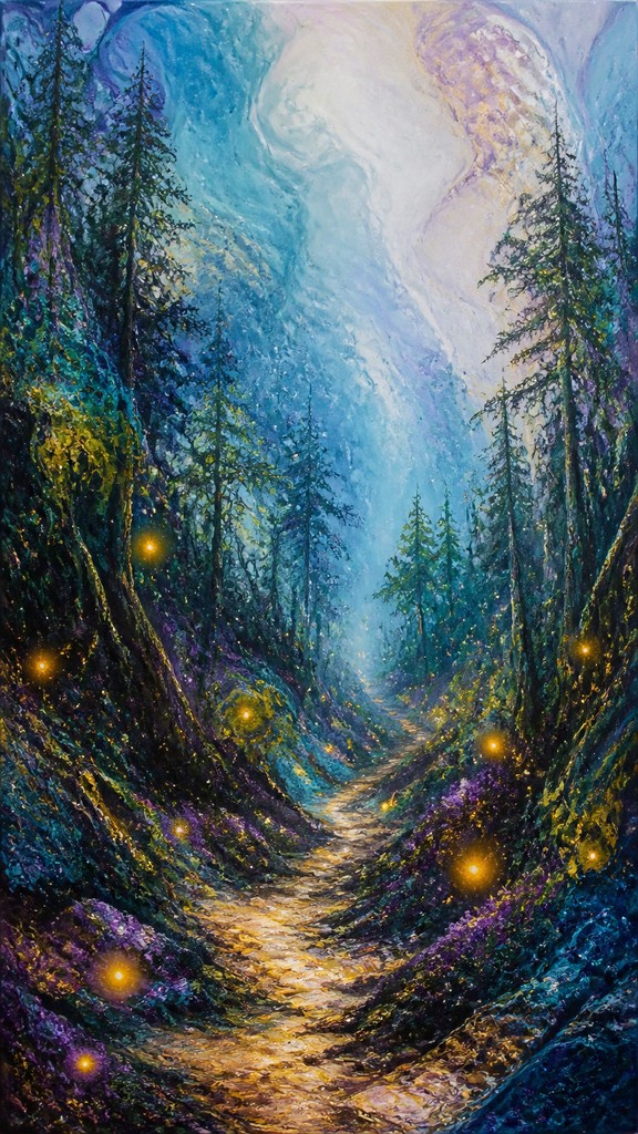 a mysterious forest path with fireflies and drifting mist, atmospheric vertical composition with open space at the top, no text