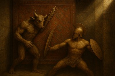 a painting of a man and a demon fighting