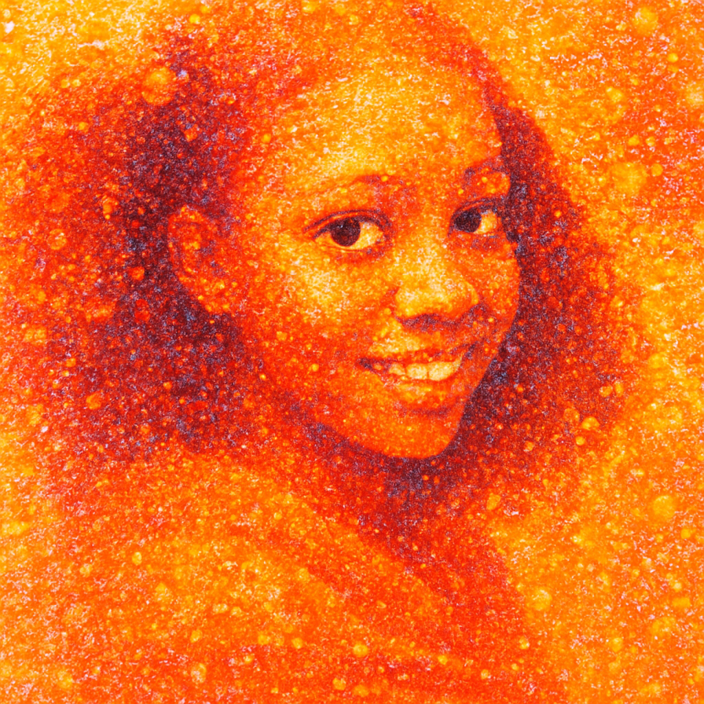 a painting of a young girl with brown hair