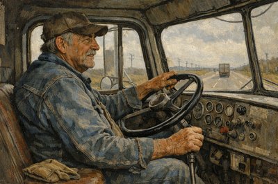 Inside the cab of a 1959 Peterbilt 351 Truck, looking from the passenger seat out toward the road ahead, I see kindly and wise older brother, Donald, the driver, as he handles the truck and tells me a long story about how things are in his life.