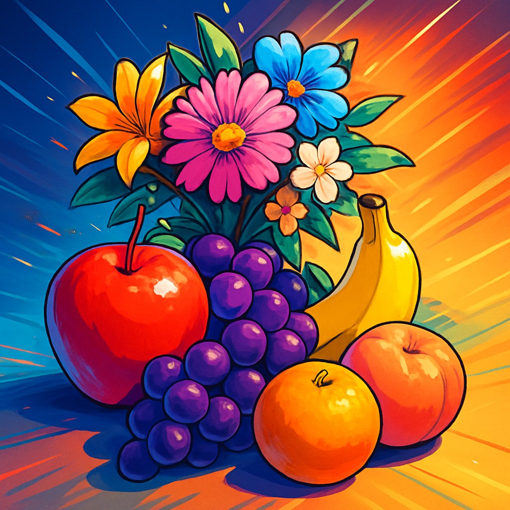 still life arrangement of fruits and flowers