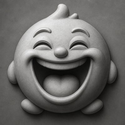 an exaggerated laughing face of an original round mascot character, bold and readable at small size, plain background, no text
