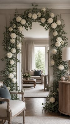 an arch of white roses and eucalyptus in soft morning light, elegant vertical composition with open space, no text