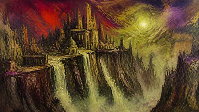 a cliffside city with waterfalls cascading into a misty canyon, wide establishing shot, no people, no text