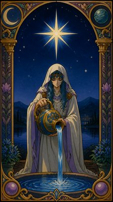 a robed figure pouring water beneath a large eight-pointed star in a night sky, symmetrical composition with an ornate decorative border, no text