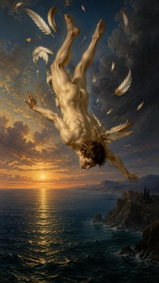 view of ignudi Icarus falling head down into the sea with feathers blowing away