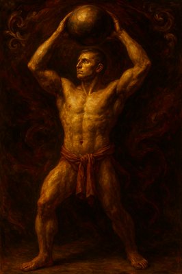 a painting of a man holding a ball on his head