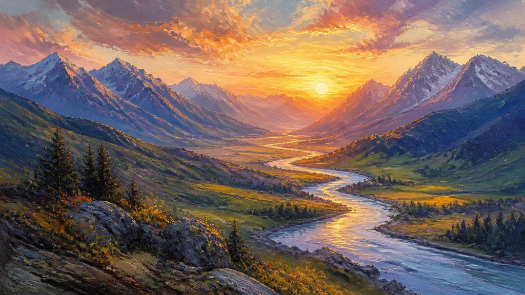 a vast valley with a river winding toward distant mountains at sunrise, no people, no text