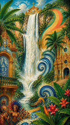 towering waterfall cascading down a cliff