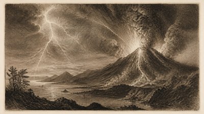 an erupting volcano with lightning strikes, dramatic wide composition, no text