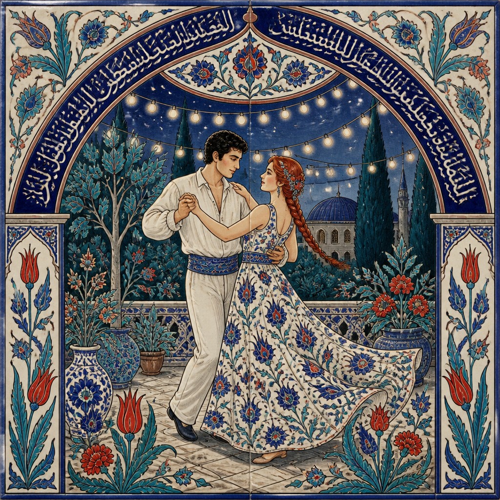 an original couple dancing under string lights in a garden at dusk: a man with short black hair in a linen shirt and a woman with braided red hair in a summer dress