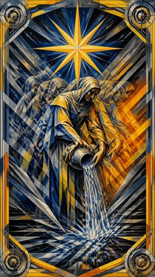 a robed figure pouring water beneath a large eight-pointed star in a night sky, symmetrical composition with an ornate decorative border, no text