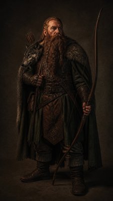 full-body original character: a dwarven ranger with a braided auburn beard, worn leather armor, a longbow and a wolf-pelt cloak, neutral background, no text