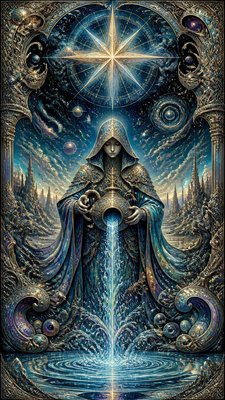 a robed figure pouring water beneath a large eight-pointed star in a night sky, symmetrical composition with an ornate decorative border, no text