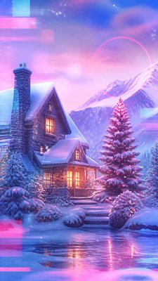 a snow-covered cottage with warm glowing windows beside a decorated pine tree, gentle snowfall, no text