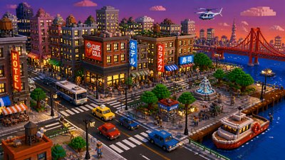 bustling city street panorama at dusk
